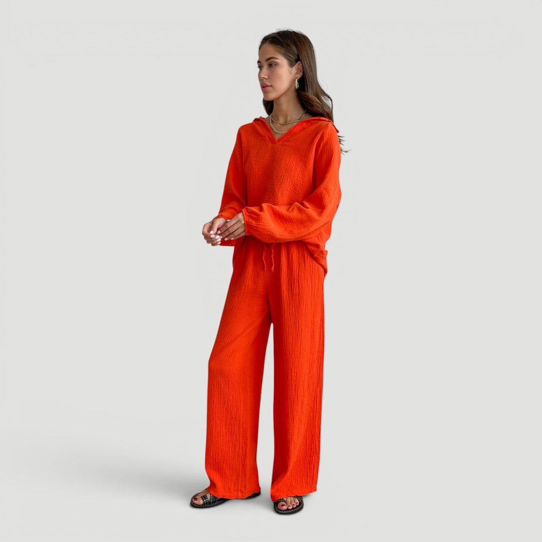 Woman wearing a breezy lightweight cotton gauze co-ord set, perfect for summer activities & comfort.
