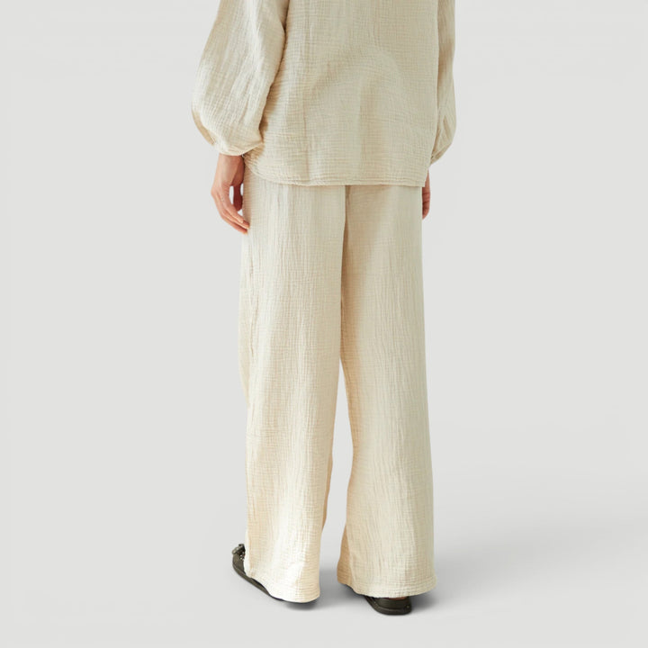 Front view of a women's lightweight summer co-ord set, featuring a relaxed fit & breathable cotton gauze.