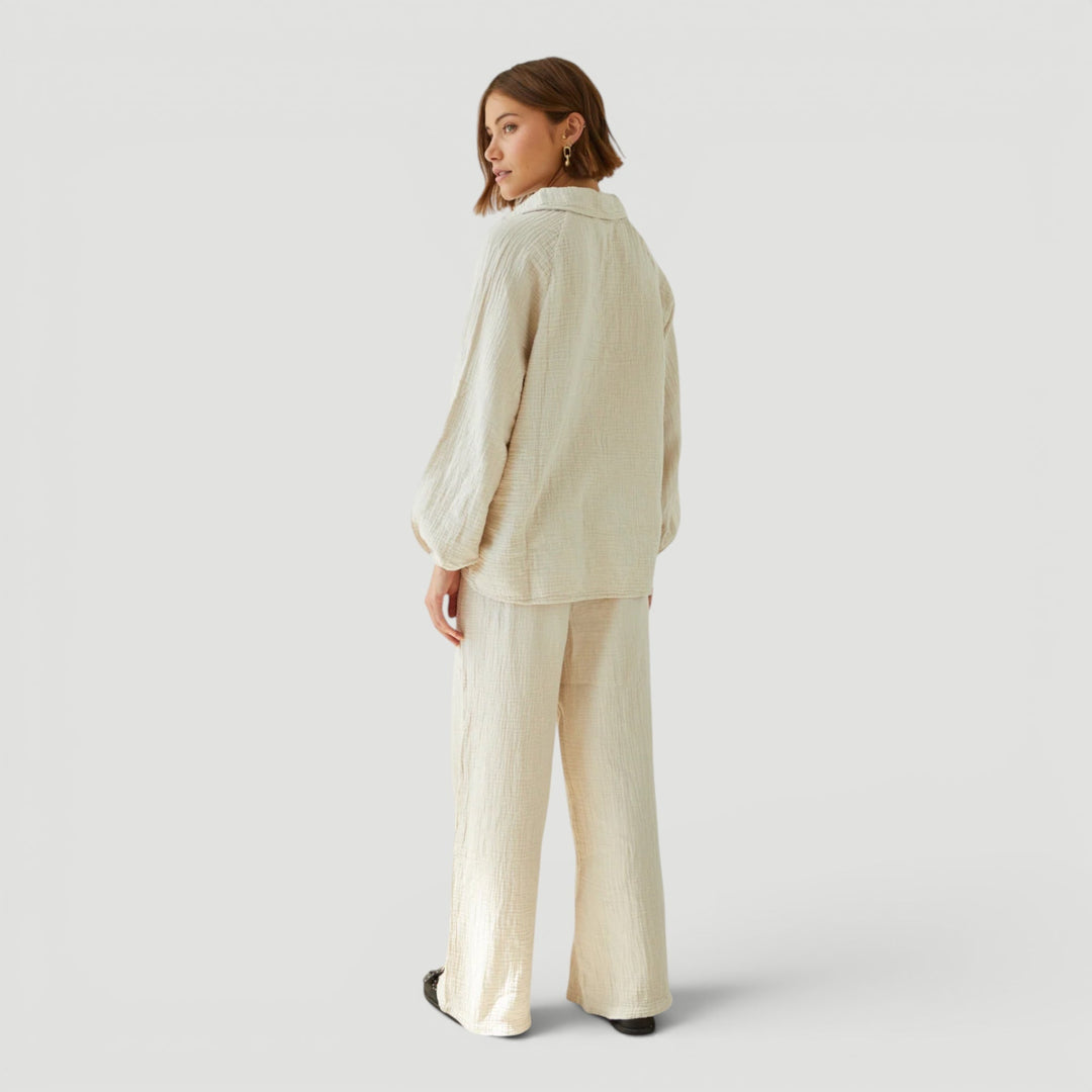 Back view of women's comfortable cotton gauze two-piece set, ideal for summer loungewear & travel.