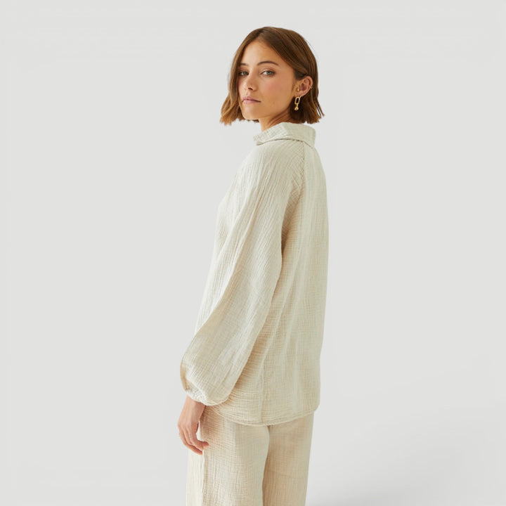 Close-up of soft, breathable cotton gauze fabric of women's lightweight summer co-ord set.