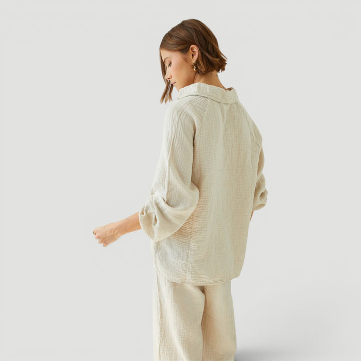 Versatile women's co-ord set for summer; lightweight cotton gauze two-piece perfect for travel or loungewear.