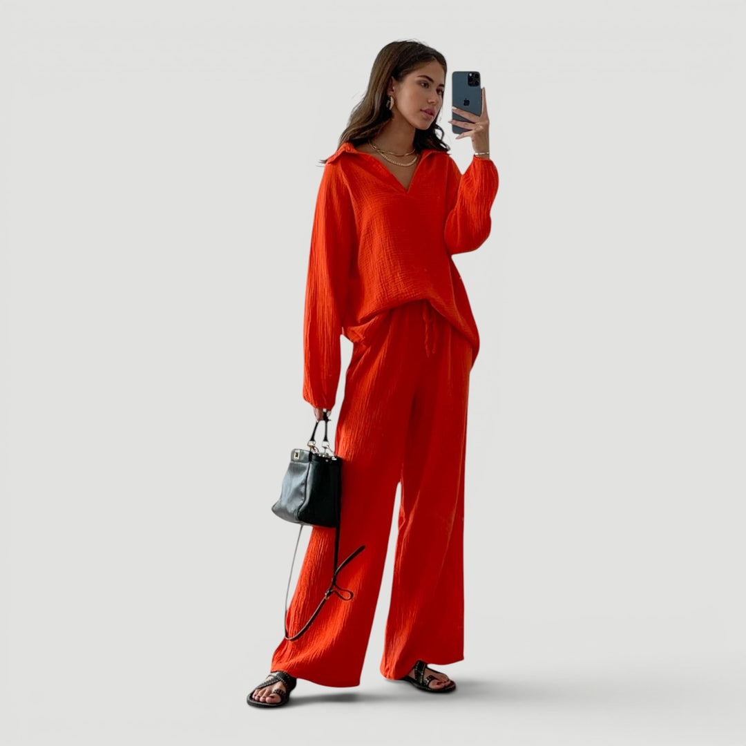Women's lightweight cotton gauze summer co-ord set styled with sandals, perfect for travel comfort.