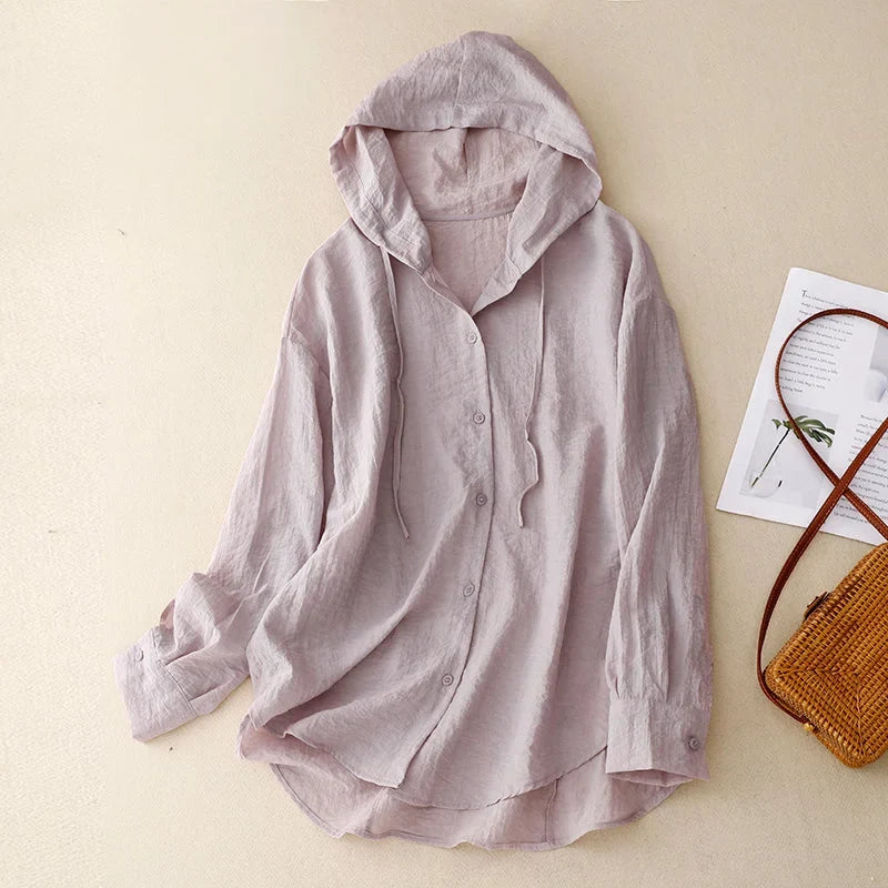 Women's lightweight crinkled button-front hoodie with drawstring, ideal for casual spring and summer layering.