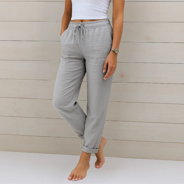 Stylish women's cuffed drawstring pants, relaxed fit, great for spring outfits & summer fashion.