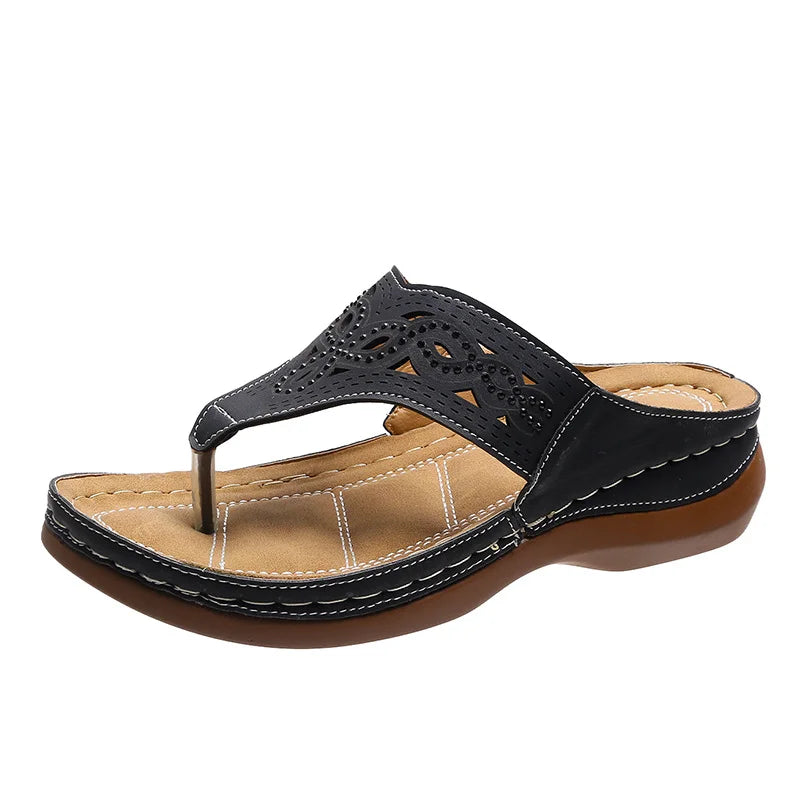 Women's supportive flip flops, lightweight and comfortable, providing arch support for foot relief.