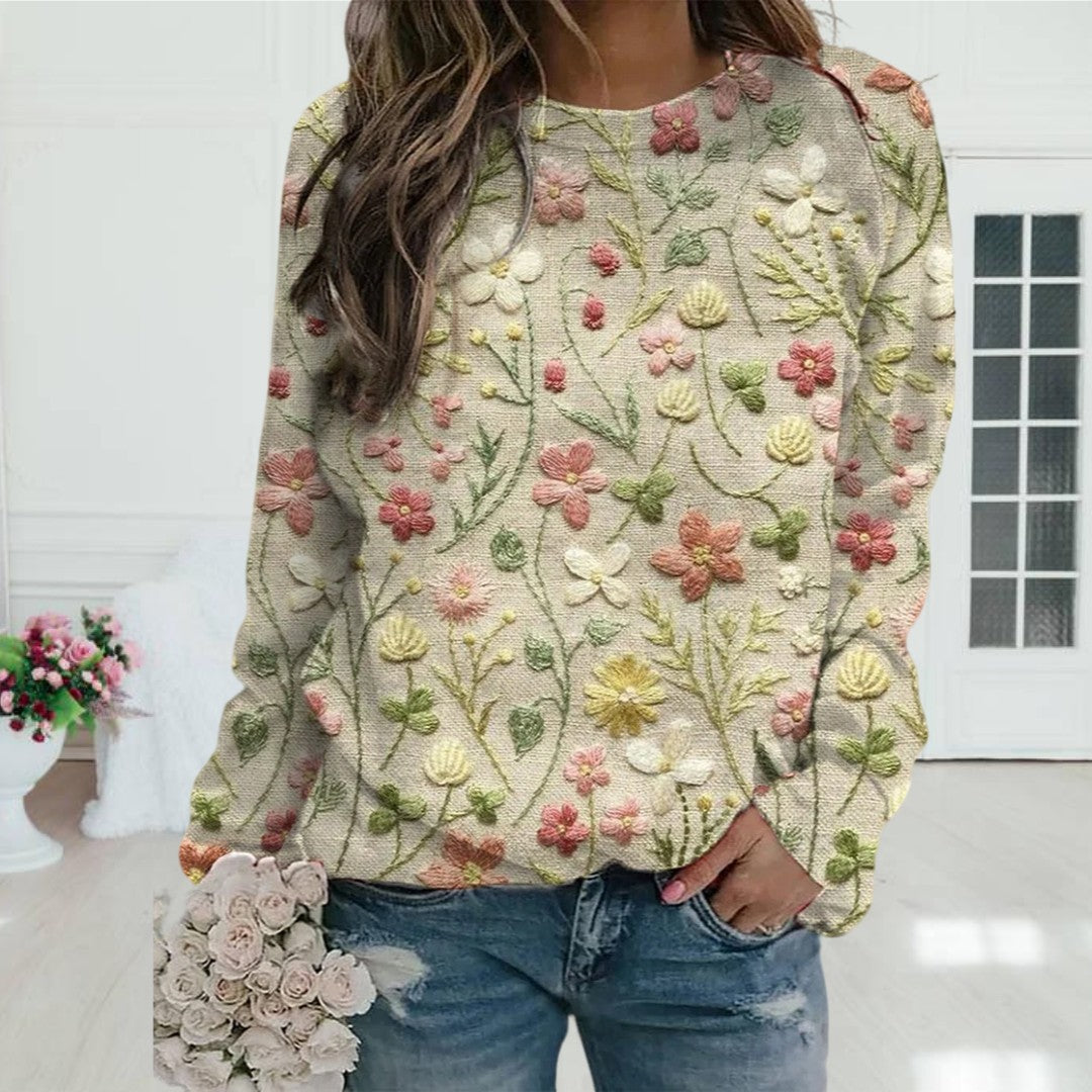 Women's lightweight floral embroidered crew neck sweater, perfect for spring casual wear. Long sleeve, elegant.