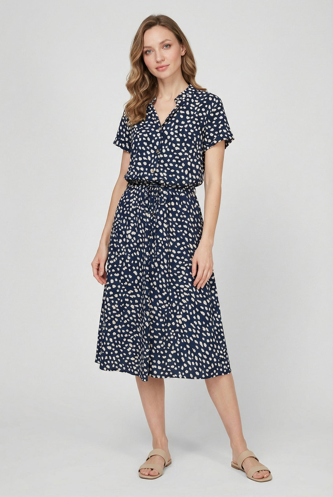 Versatile casual midi dress, floral pattern with a functional waistband