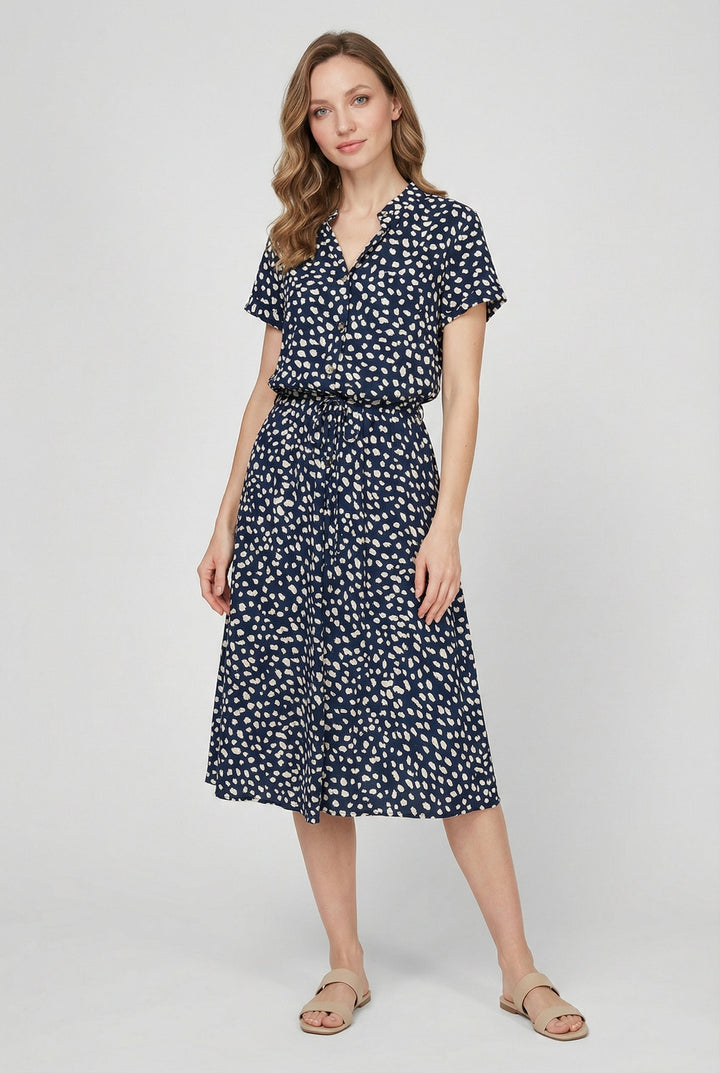 Versatile casual midi dress, floral pattern with a functional waistband