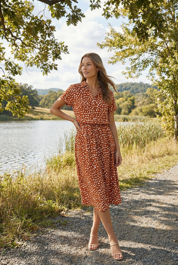 Women's casual floral midi dress featuring a stylish waistband