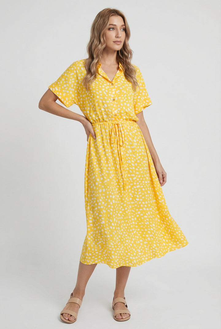 Summer floral midi dress, showcasing short sleeves and a defined waistband