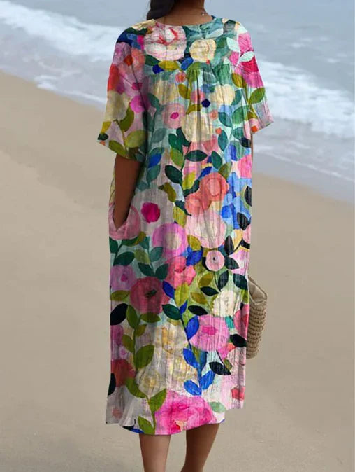 Women's floral wrap dress, adjustable and perfect for a flattering fit.