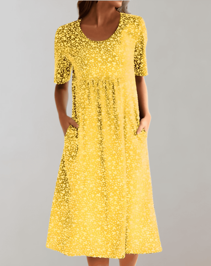 Elegant V-neck summer dress for women, lightweight and breezy, perfect as a casual midi or vacation outfit.