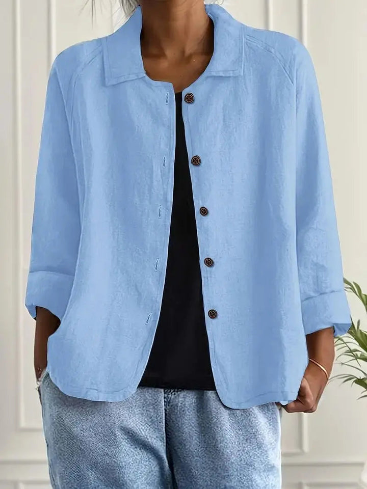 Women's lightweight linen blazer jacket with button front, perfect for smart casual spring outfits.