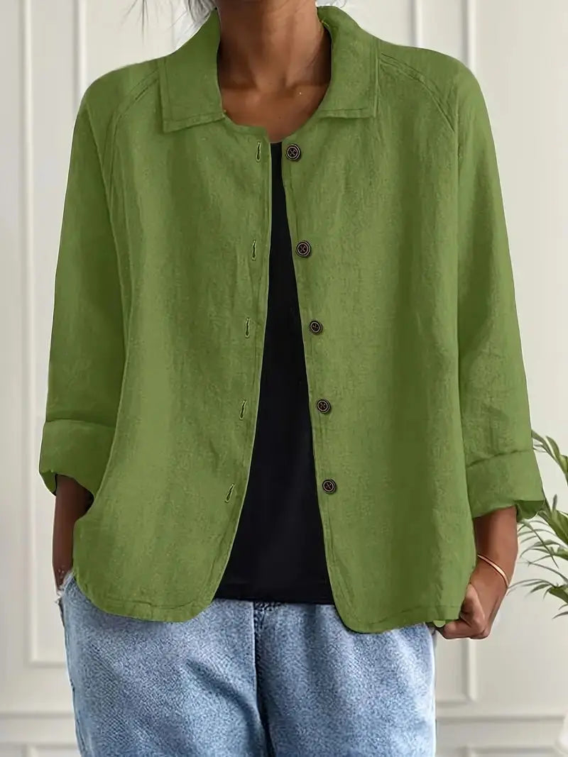 Classic women's lightweight linen blazer jacket. Tailored button-front design for timeless smart casual wear.