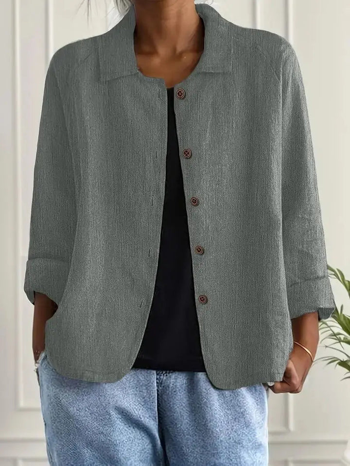 Women's lightweight linen blazer jacket, tailored button-front design for versatile spring/summer fashion.