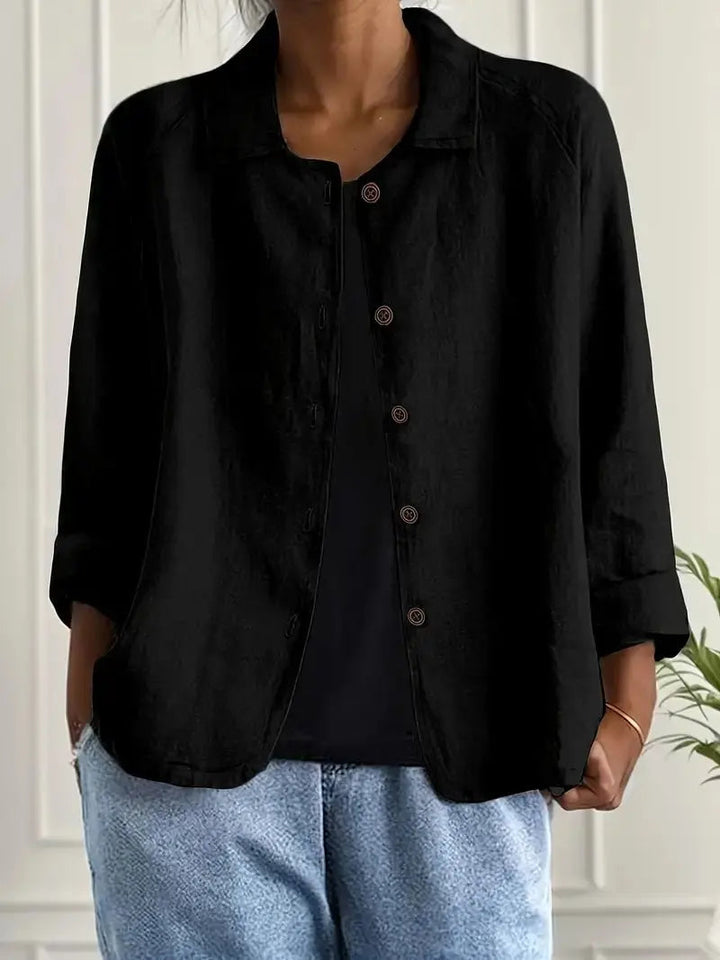 Elegant women's lightweight linen blazer, a classic button-front jacket for sophisticated smart casual style.
