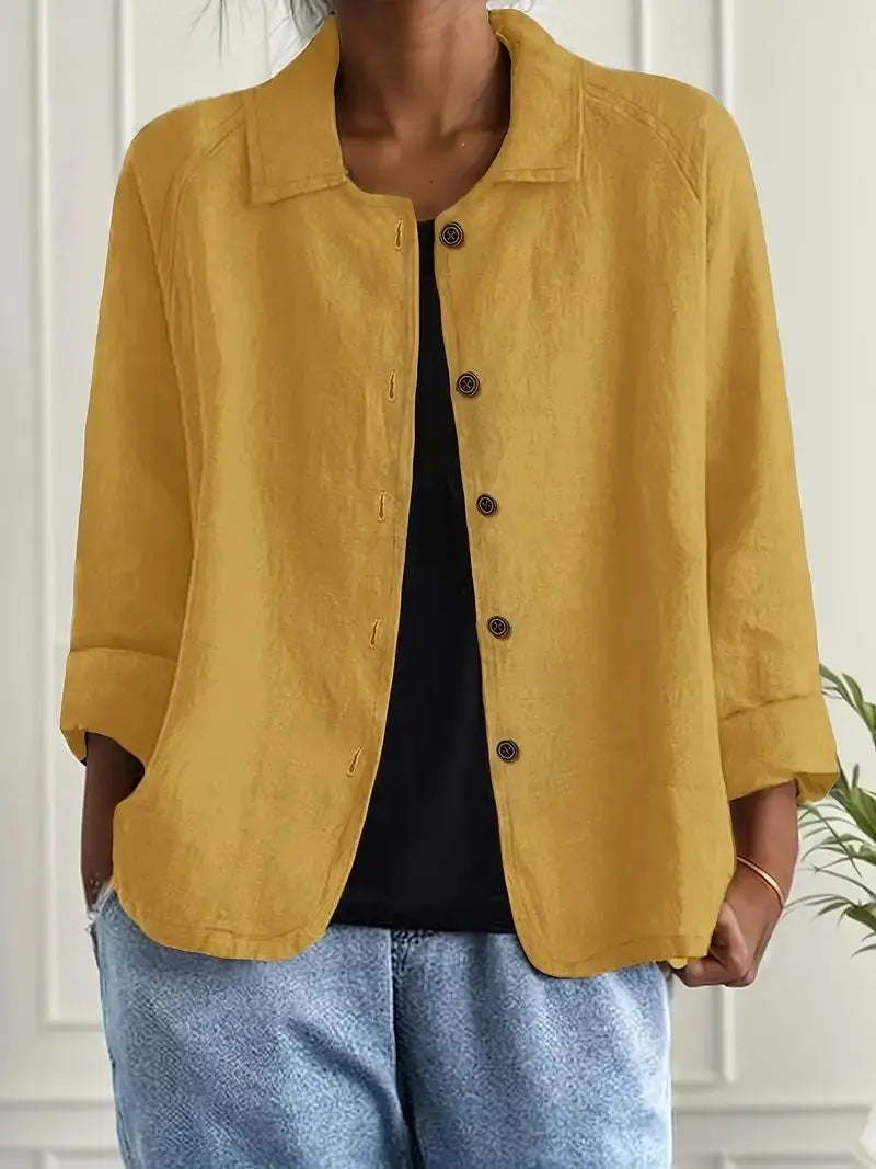 Fashionable women's lightweight linen blazer, button-front, perfect spring outerwear for smart casual style.