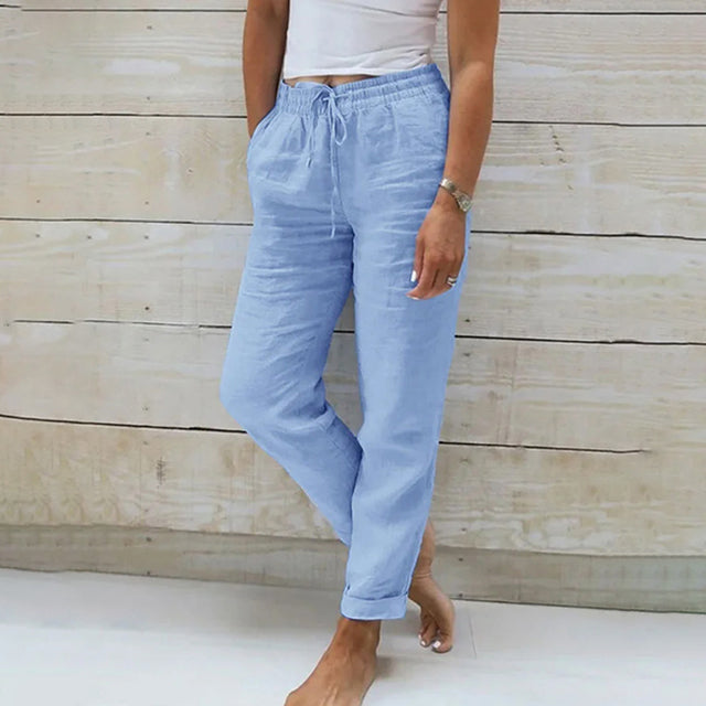 Women's lightweight linen drawstring summer trousers, wide leg, relaxed fit pants.