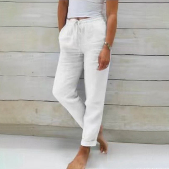 Relaxed fit wide leg linen trousers for women, versatile casual summer fashion.