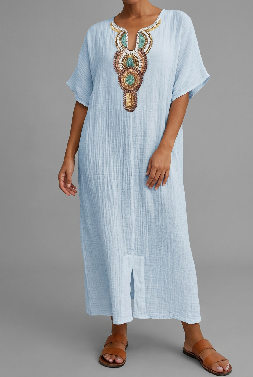 Lightweight kaftan-style midi dress for women, offering comfort and ethnic flair.