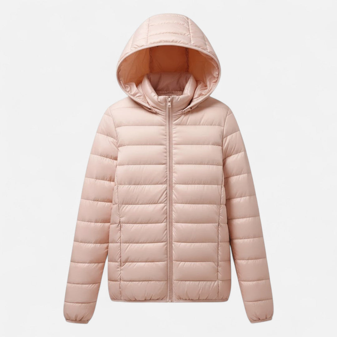 Women's lightweight plus-size down coat with hood, ideal for winter warmth.