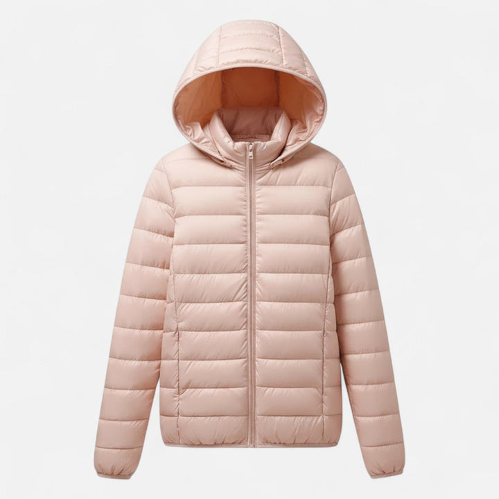 Women's lightweight plus-size down coat with hood, ideal for winter warmth.