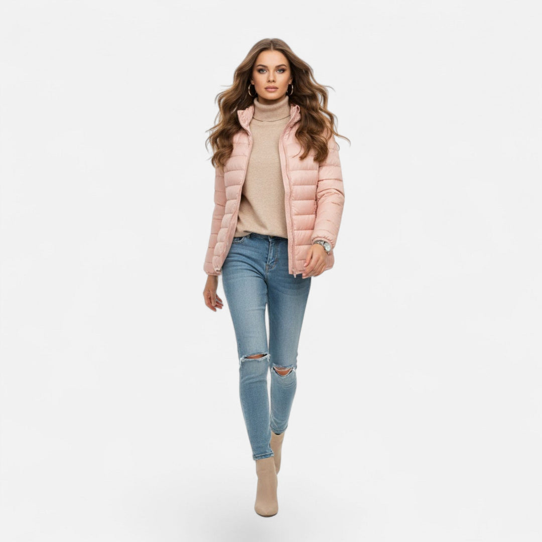 Plus-size women's elegant hooded down coat, perfect for cold weather fashion.