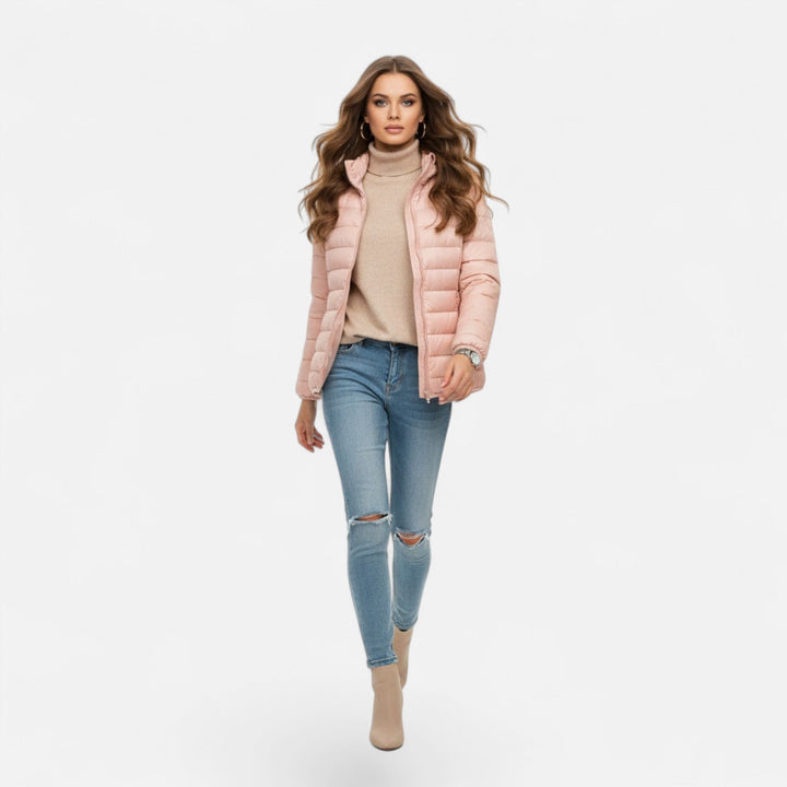 Plus-size women's elegant hooded down coat, perfect for cold weather fashion.