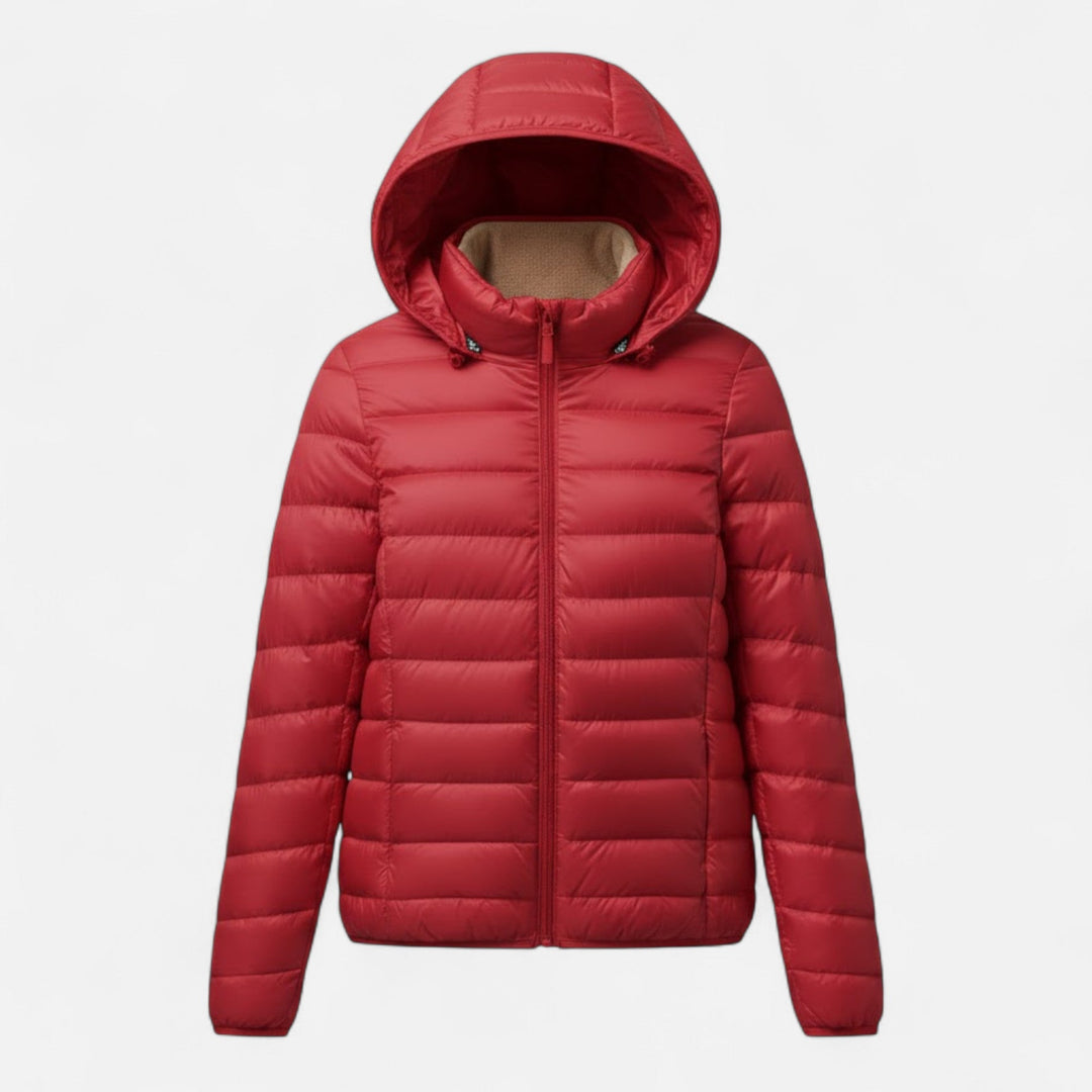 Lightweight plus-size women's outerwear: a chic hooded down coat.