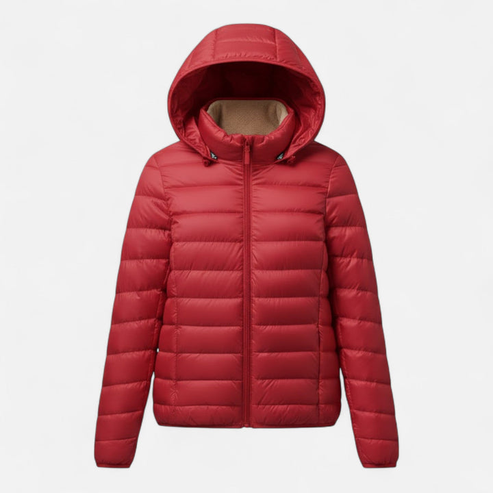 Lightweight plus-size women's outerwear: a chic hooded down coat.