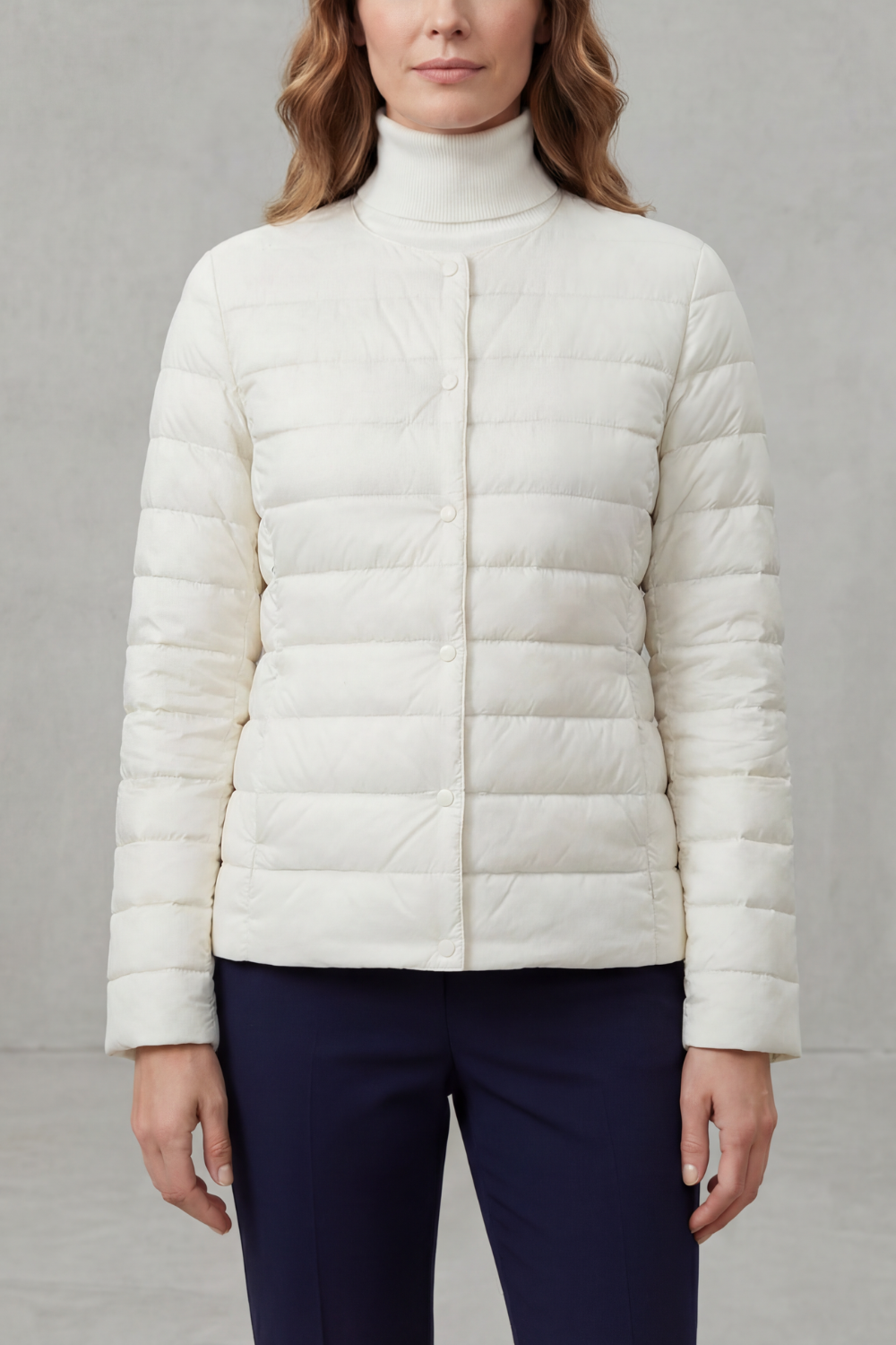 Navy blue women's lightweight puffer, classic everyday casual outerwear.
