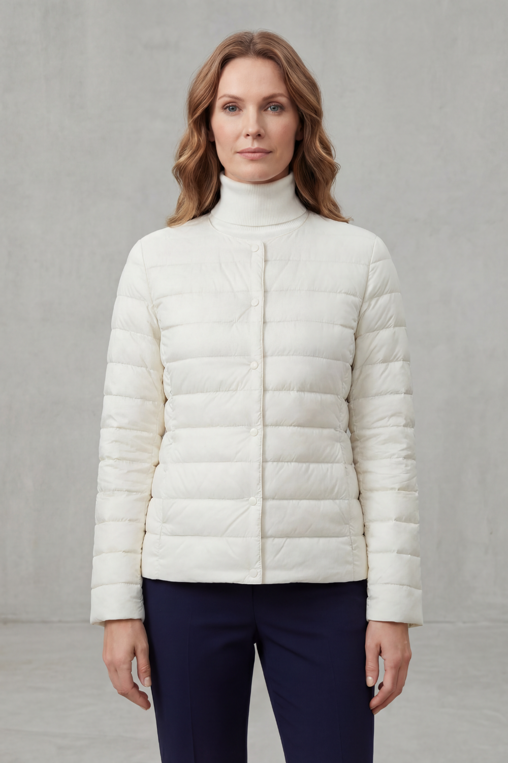 Red women's lightweight puffer jacket, vibrant stylish fall/winter fashion.
