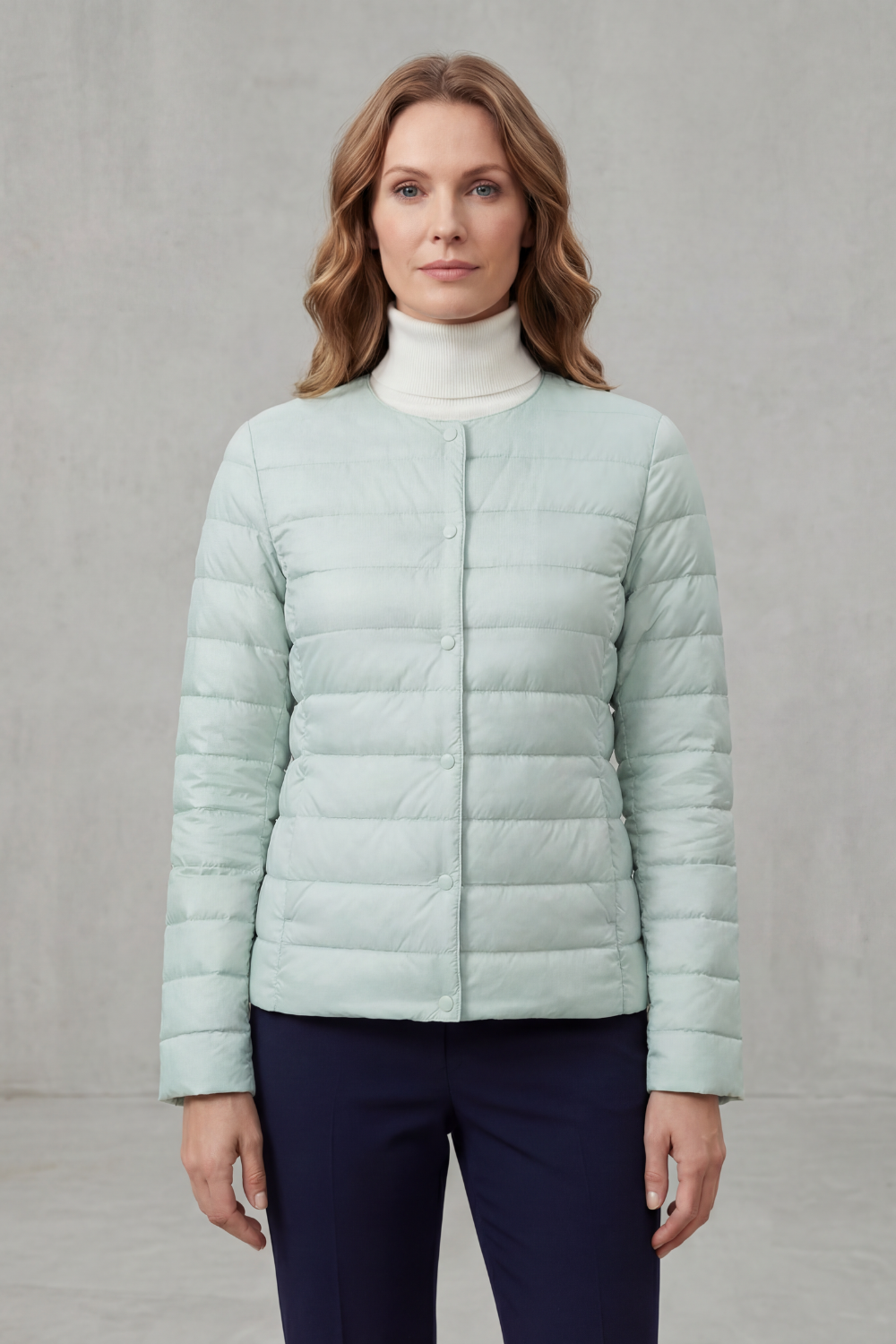 White women's lightweight puffer jacket, clean and warm for mild weather.