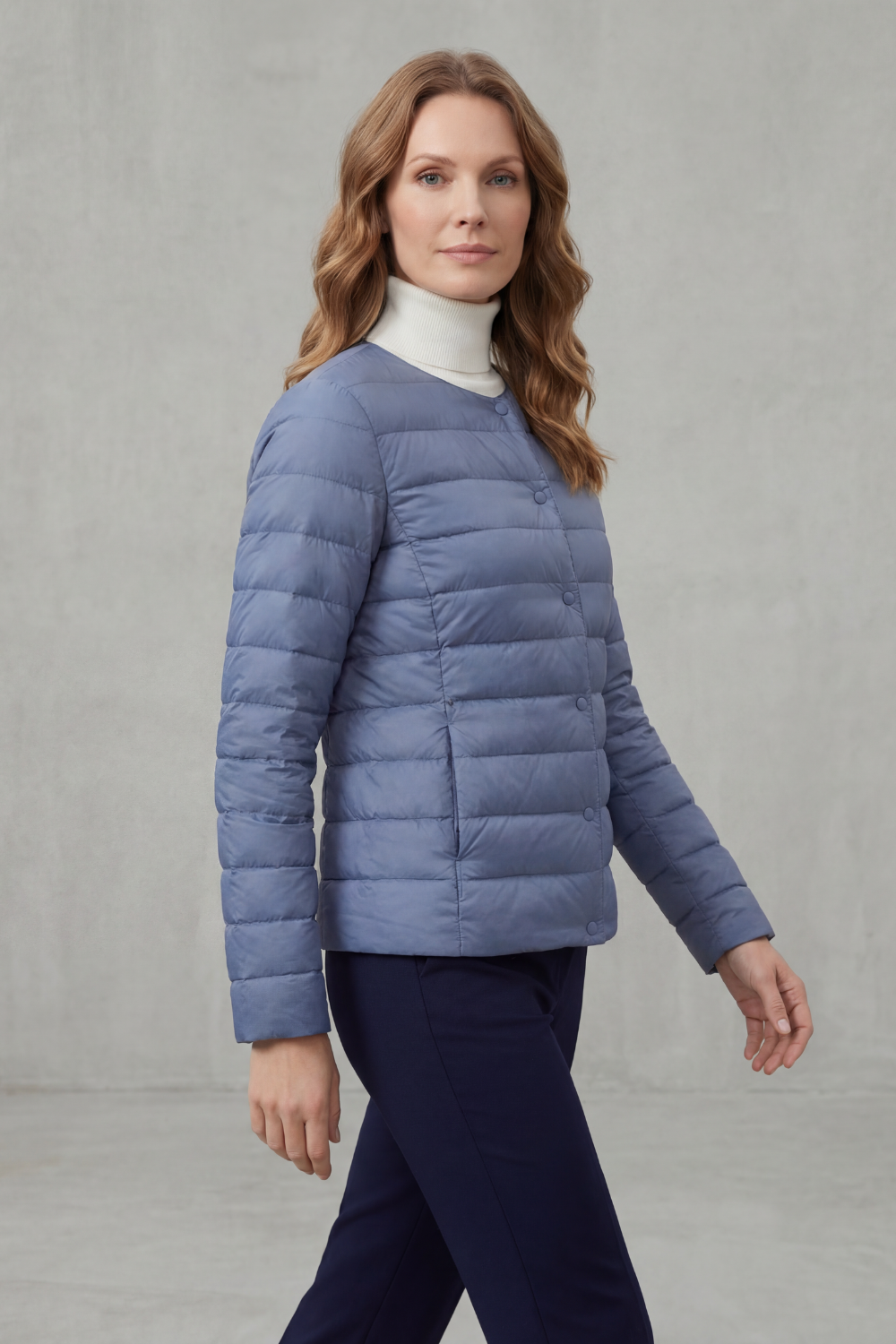 Warm, lightweight puffer jacket for women; ideal for everyday casual style.