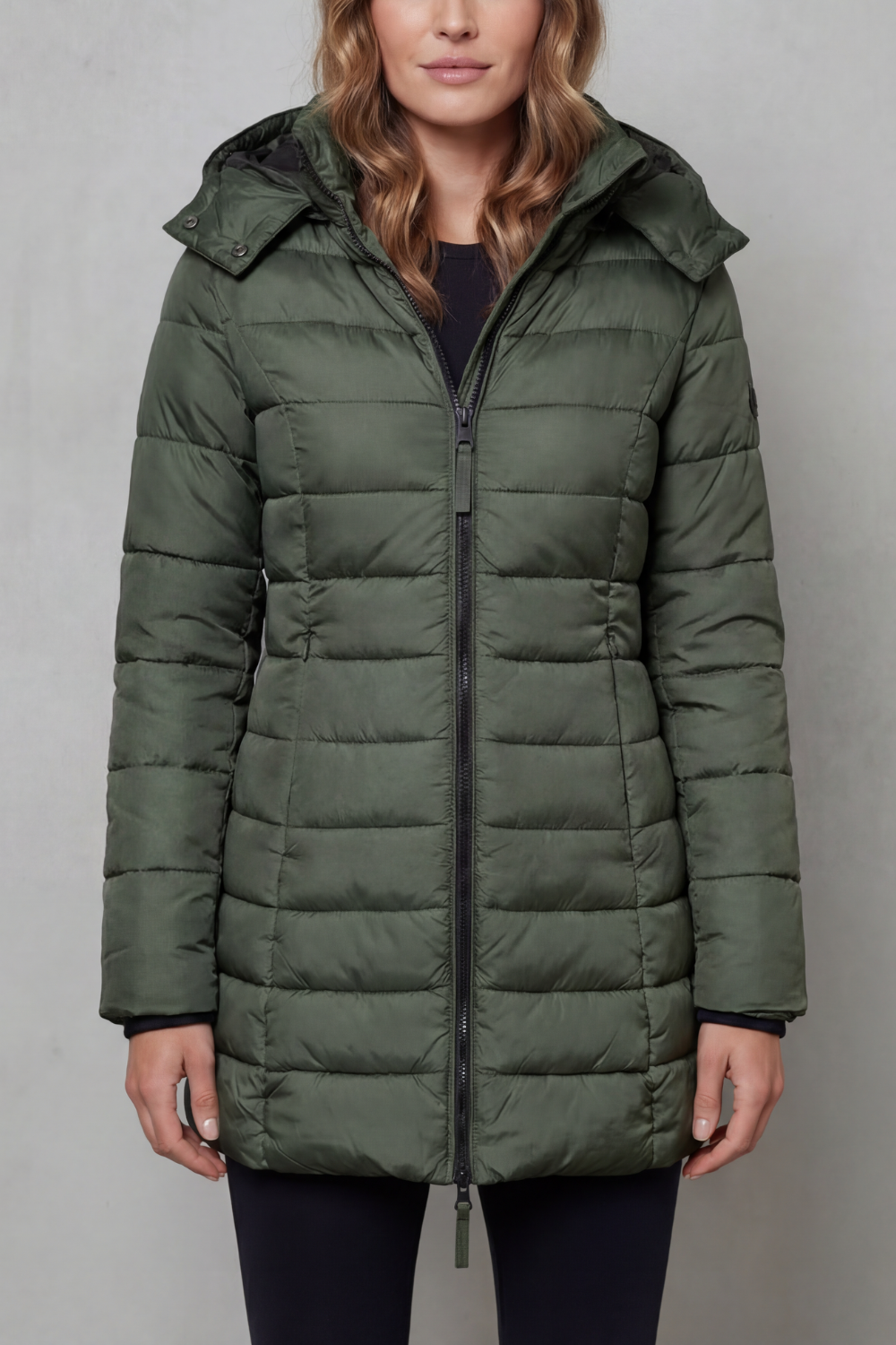Stylish black women's quilted puffer coat, offering lightweight warmth and a modern, sleek look.