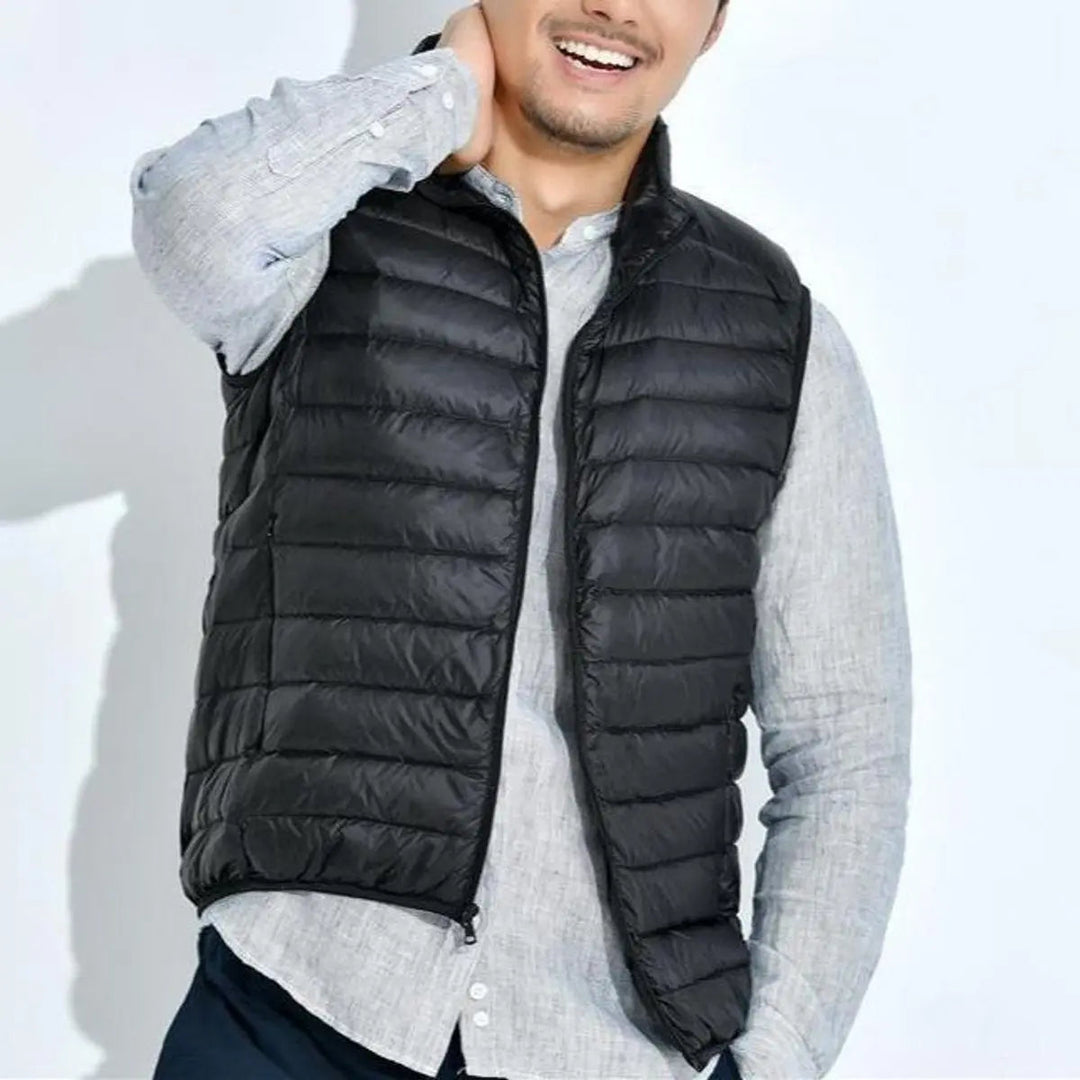 Casual women's sleeveless quilted puffer vest, zip-up, ideal transitional outerwear for everyday style.