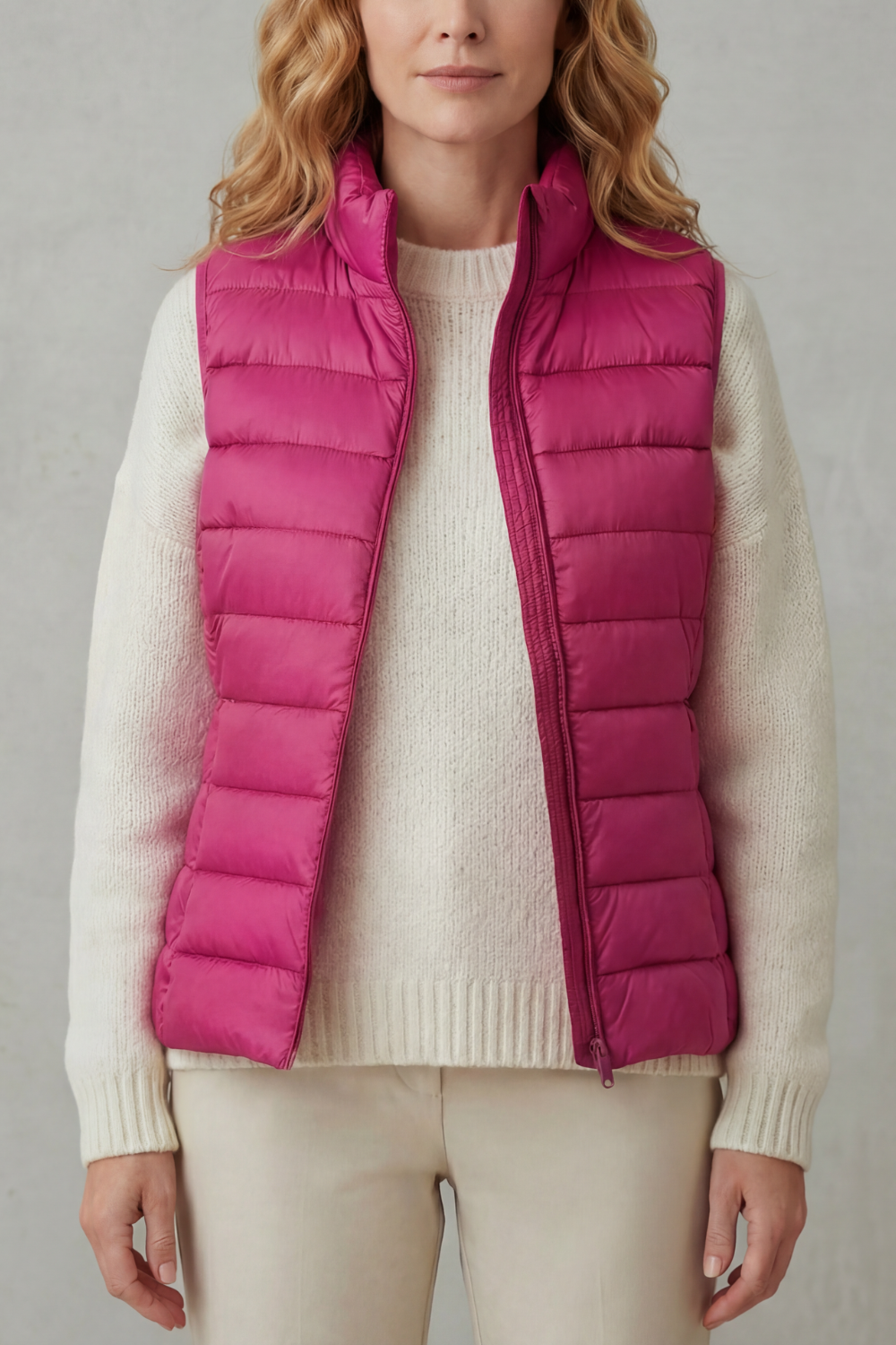 Trendy women's quilted vest, a stylish addition to any layering ensemble.