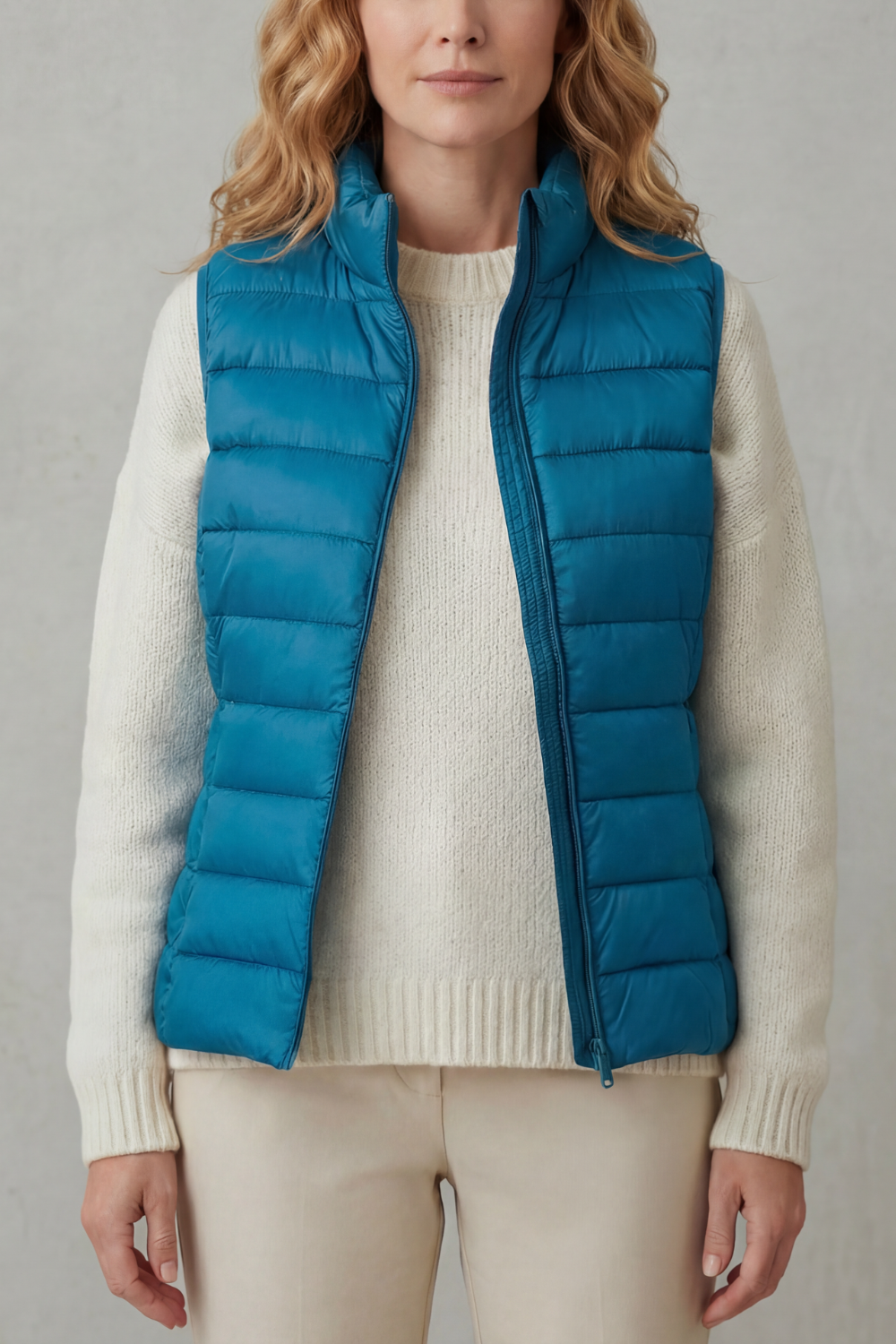 Comfortable women's quilted vest, designed for effortless layering over tops.