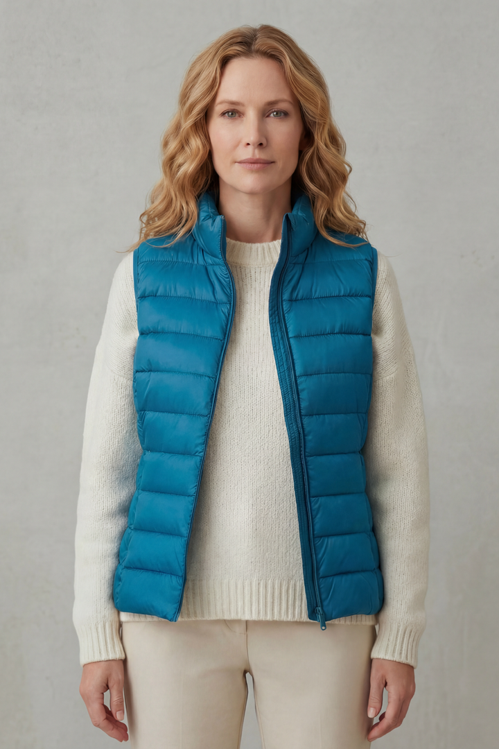 Women's sleeveless quilted jacket, providing extra warmth & a stylish silhouette.