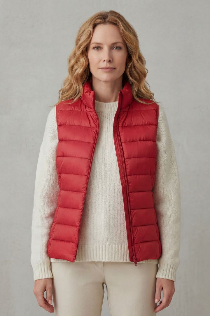 Women's outerwear vest, quilted design, offering lightweight warmth.