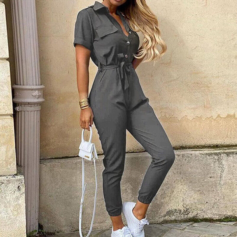 Trendy women's short sleeve jumpsuit, featuring a comfortable, structured fit & stylish button detail.