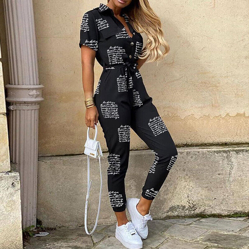 Day to night women's lightweight jumpsuit with short sleeves & elegant button-up design, modern style.
