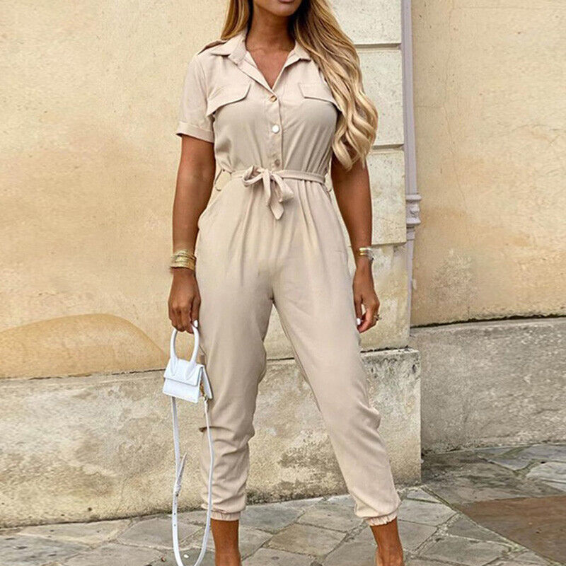 Fashionable women's button-front jumpsuit, short sleeve and lightweight, perfect for summer comfort.