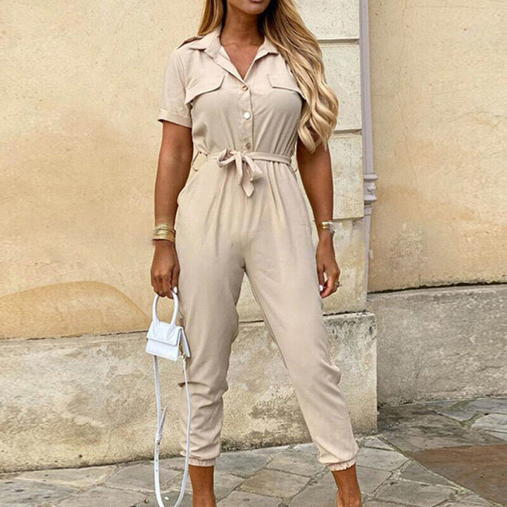 Fashionable women's button-front jumpsuit, short sleeve and lightweight, perfect for summer comfort.