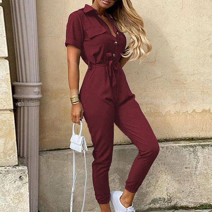 Chic women's short sleeve jumpsuit with button closure, perfect for elegant casual summer fashion.