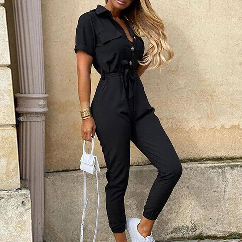 Stylish women's button-up jumpsuit, lightweight & breathable, ideal for comfortable day to night wear.