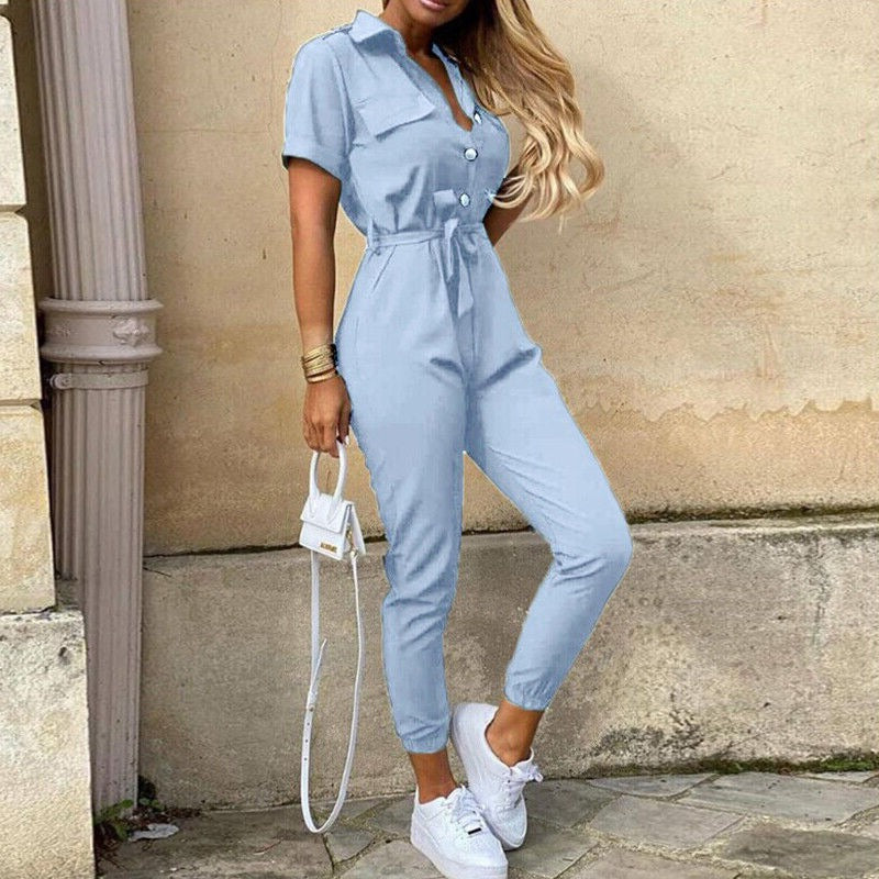 Modern women's short sleeve jumpsuit, featuring a structured fit & functional button-up front.