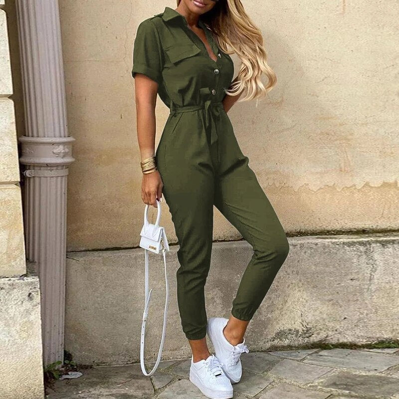 Versatile women's lightweight jumpsuit for summer, with short sleeves & classic button detailing.