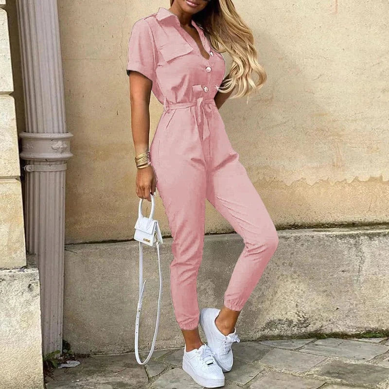 Casual elegant women's short sleeve button-up jumpsuit, a key piece for summer wardrobe.