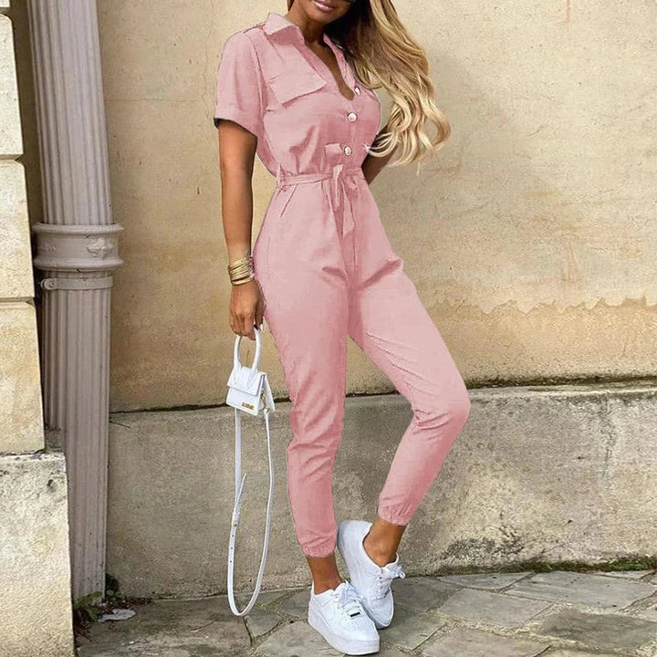 Casual elegant women's short sleeve button-up jumpsuit, a key piece for summer wardrobe.